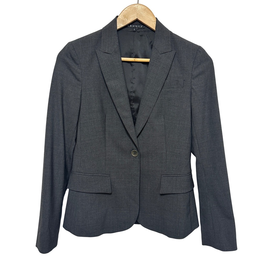 Theory Gabe B Blazer Womens 2 Charcoal Gray Wool Stretch One Button Career